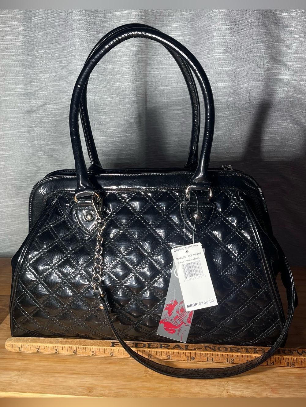 NWT Carlos Santana Black Quilted Purse  Crossbody Strap&Handles Red Interior